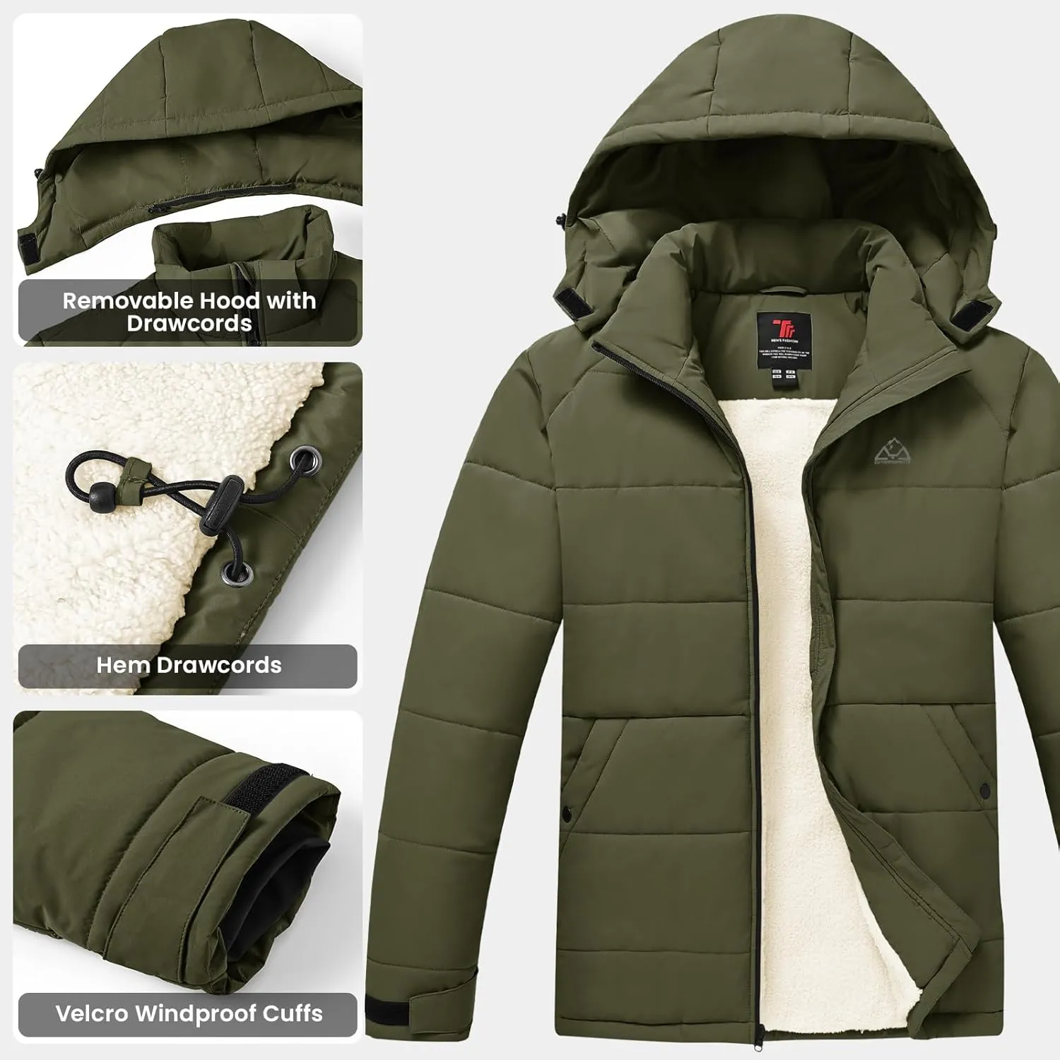 Rdruko Men's Winter Coats Water Resistant Fleece Insulated Warm Windproof Thicken Hooded Jacket