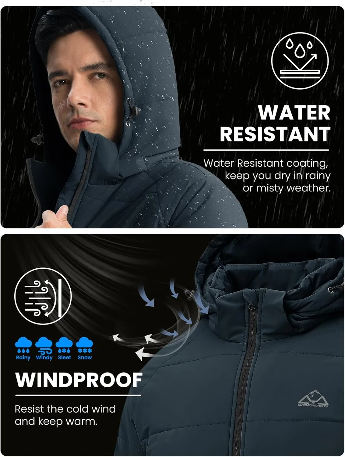 Rdruko Men's Winter Coats Water Resistant Fleece Insulated Warm Windproof Thicken Hooded Jacket