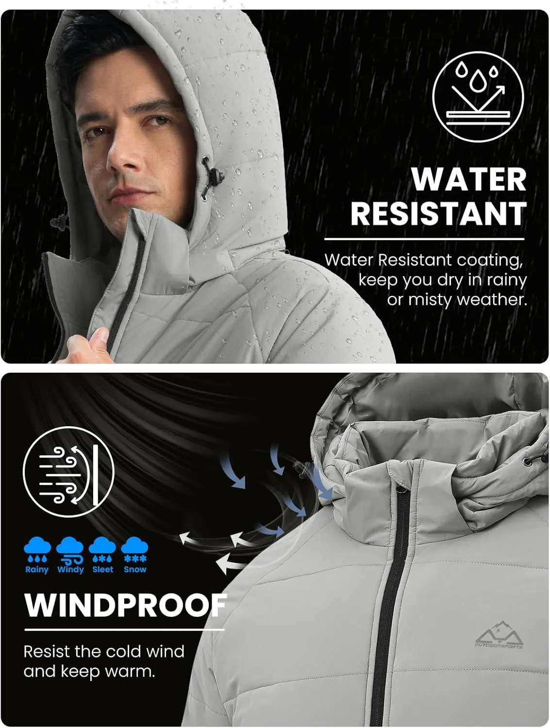 Rdruko Men's Winter Coats Water Resistant Fleece Insulated Warm Windproof Thicken Hooded Jacket
