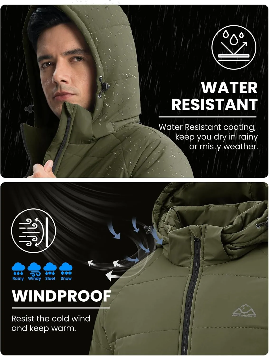 Rdruko Men's Winter Coats Water Resistant Fleece Insulated Warm Windproof Thicken Hooded Jacket