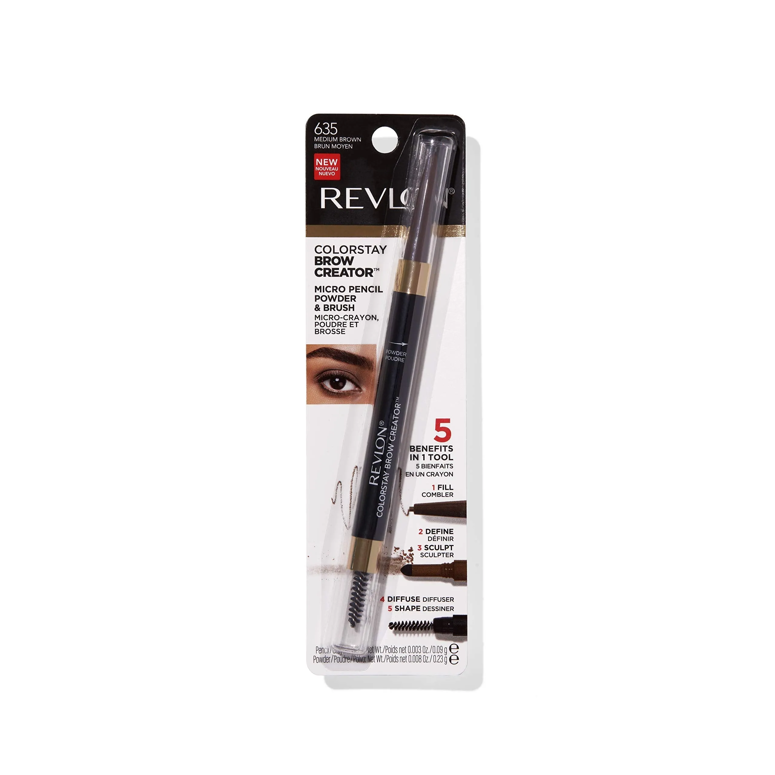 Revlon Colorstay Eyebrow Pencil Creator with Powder & Spoolie Brush to Fill, Define, Sculpt, Shape & Diffuse Perfect Brows, Medium Brown (635) 0.23 oz