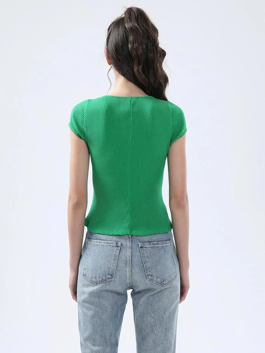Ribbed Button Down T Shirts for Women Short Sleeve Going Out Tops Cropped Fitted Knit Blouses