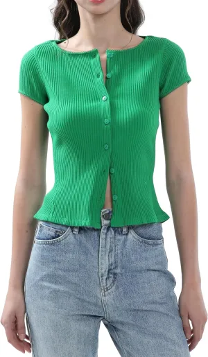 Ribbed Button Down T Shirts for Women Short Sleeve Going Out Tops Cropped Fitted Knit Blouses