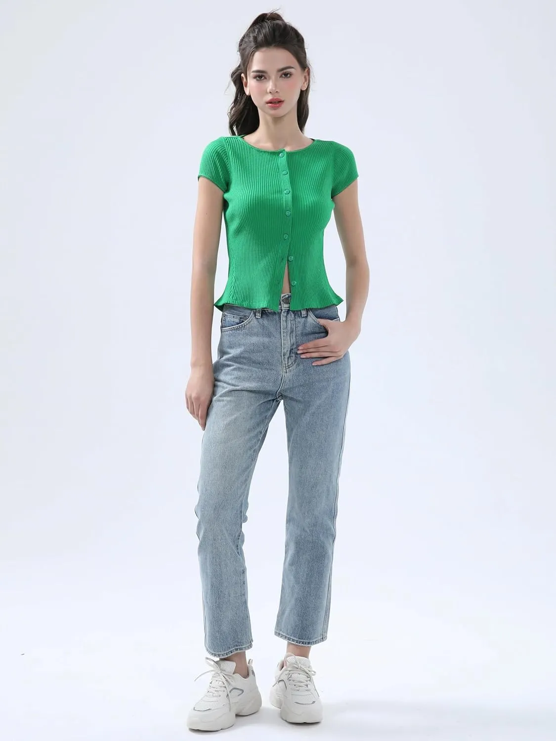 Ribbed Button Down T Shirts for Women Short Sleeve Going Out Tops Cropped Fitted Knit Blouses