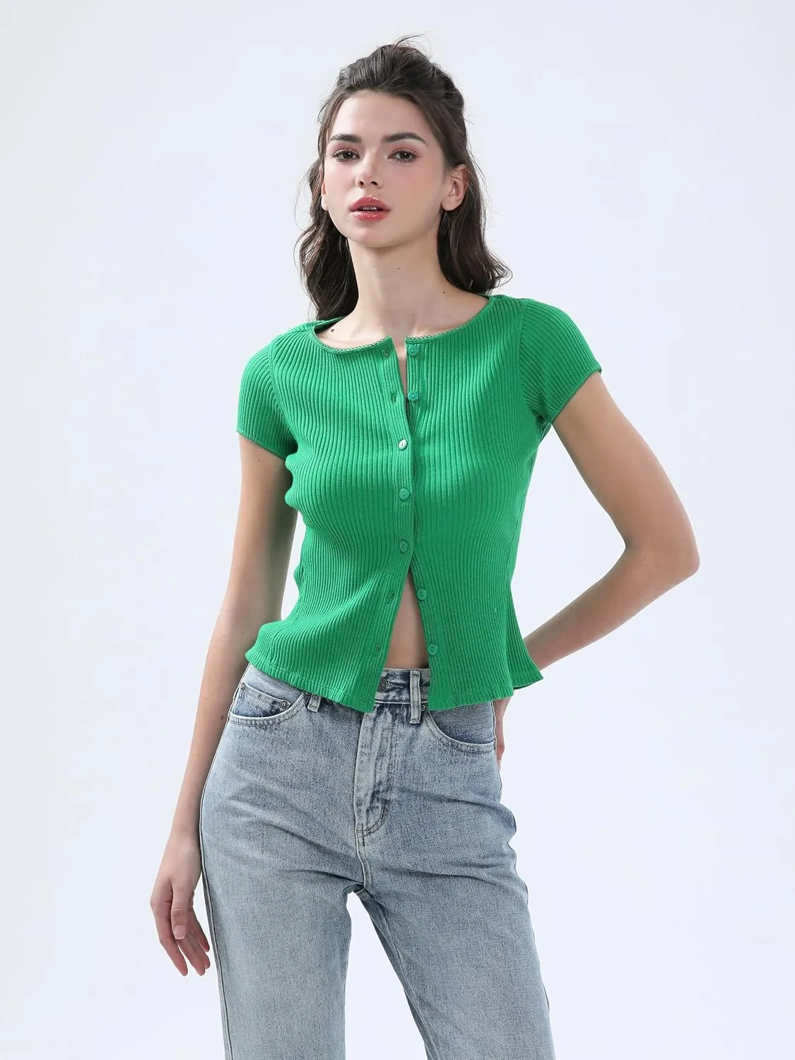 Ribbed Button Down T Shirts for Women Short Sleeve Going Out Tops Cropped Fitted Knit Blouses