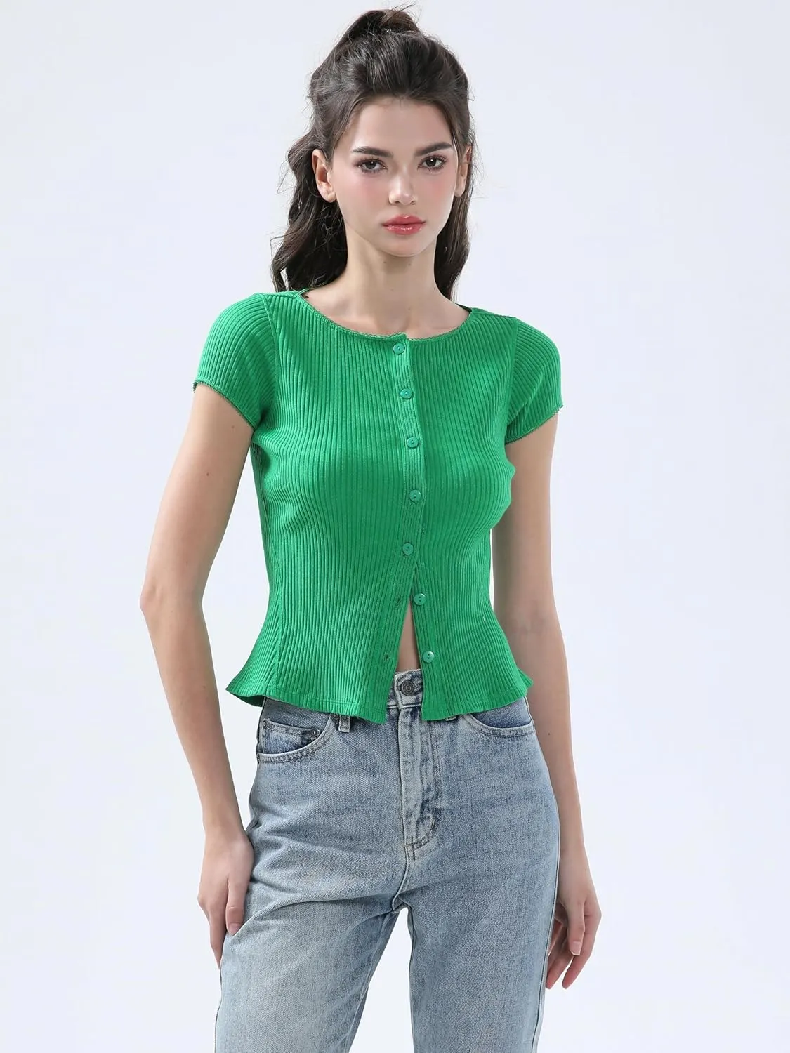 Ribbed Button Down T Shirts for Women Short Sleeve Going Out Tops Cropped Fitted Knit Blouses