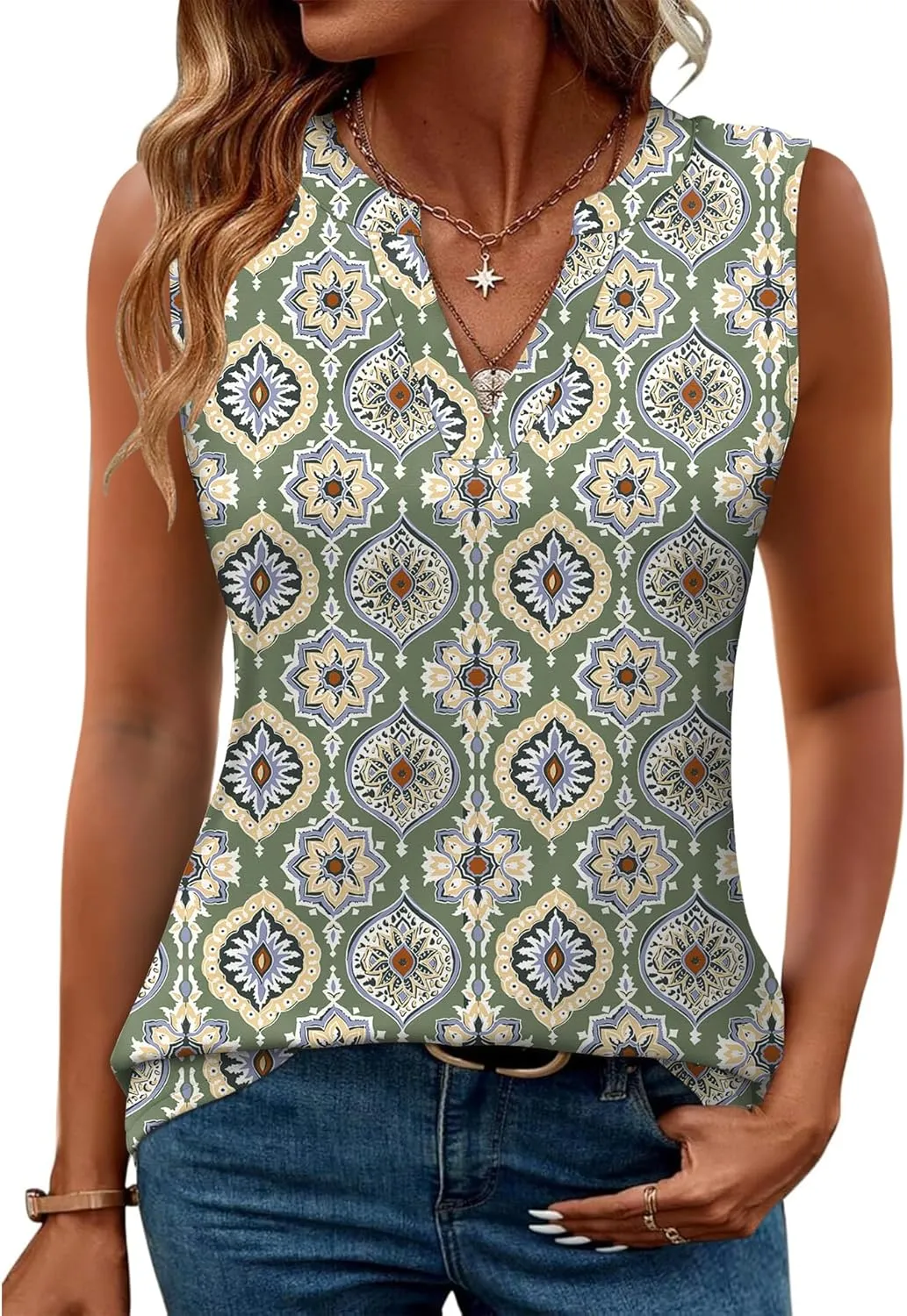 Romanstii Sleeveless Shirts for Women Casual Summer V Neck Tank Tops Dressy Blouses Tunic