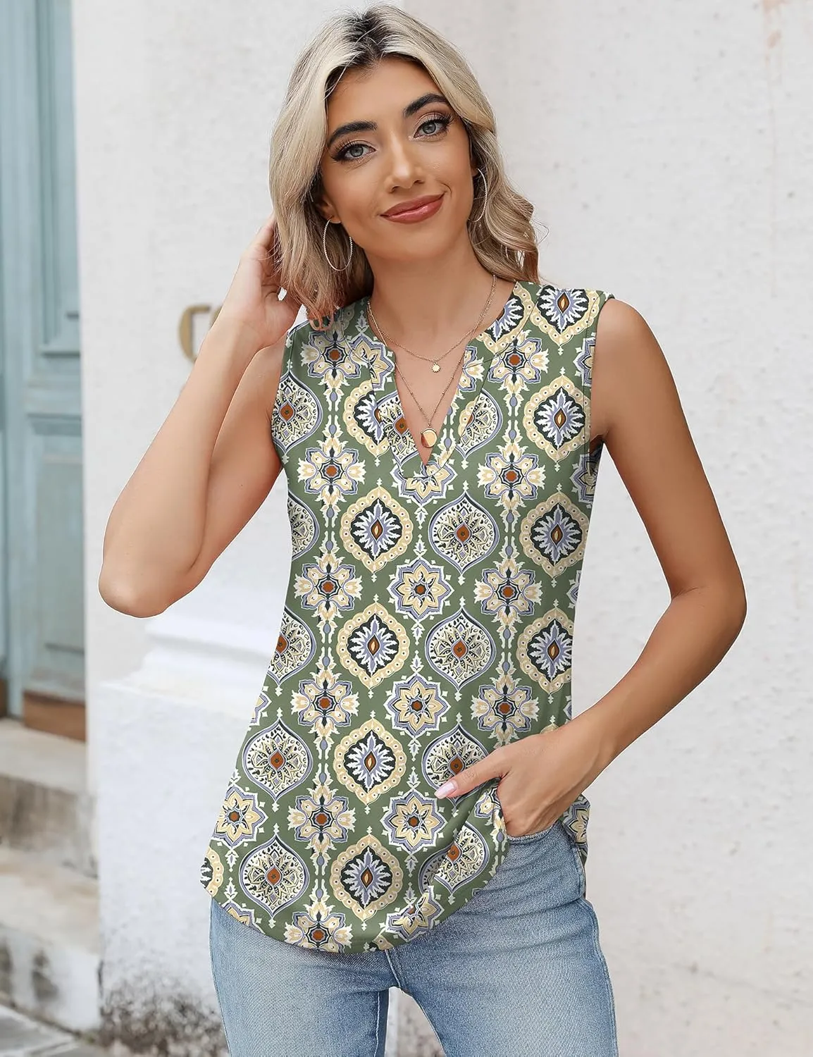 Romanstii Sleeveless Shirts for Women Casual Summer V Neck Tank Tops Dressy Blouses Tunic