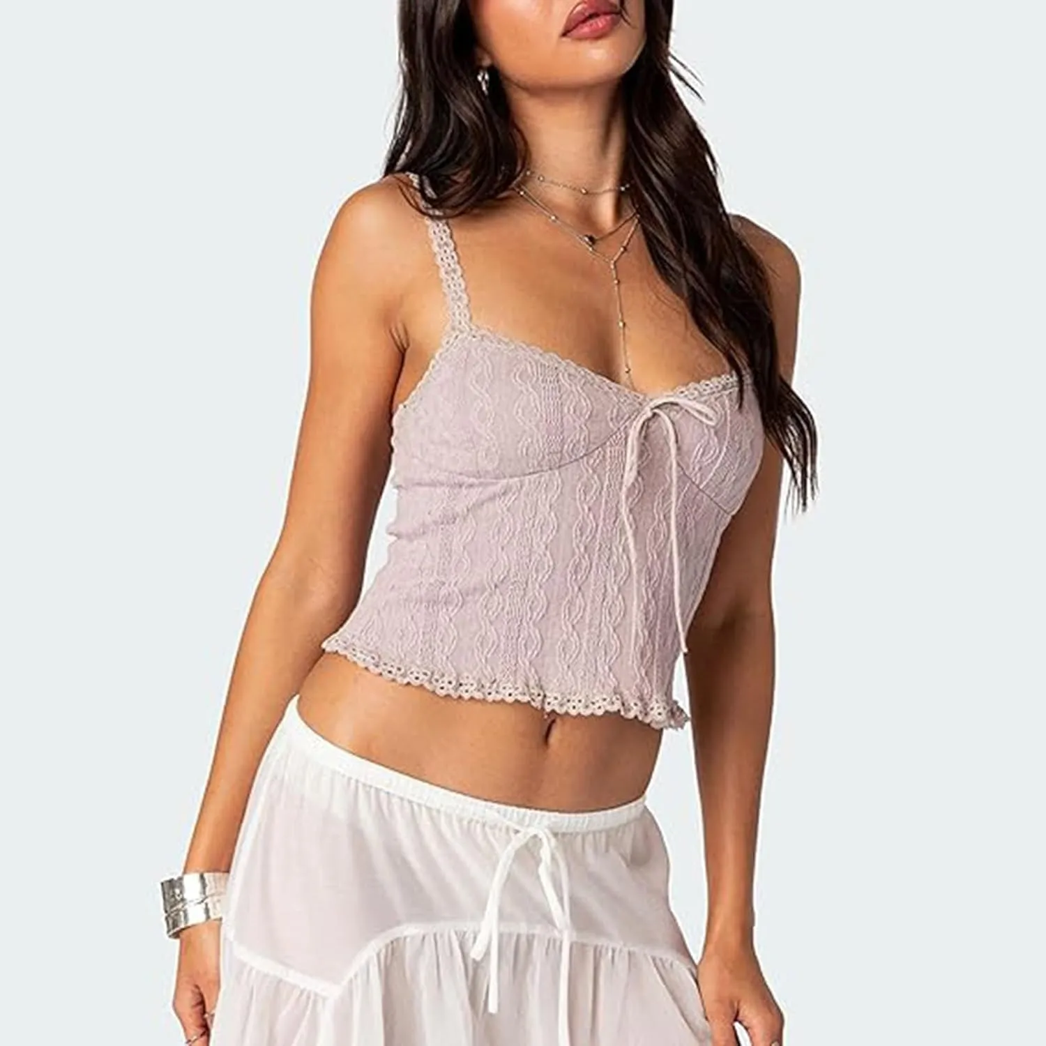 RUEWEY Women Lace Trim Camisole Spaghetti Strap Tank Tops Sleeveless Cami Shirt Summer Going Out Top