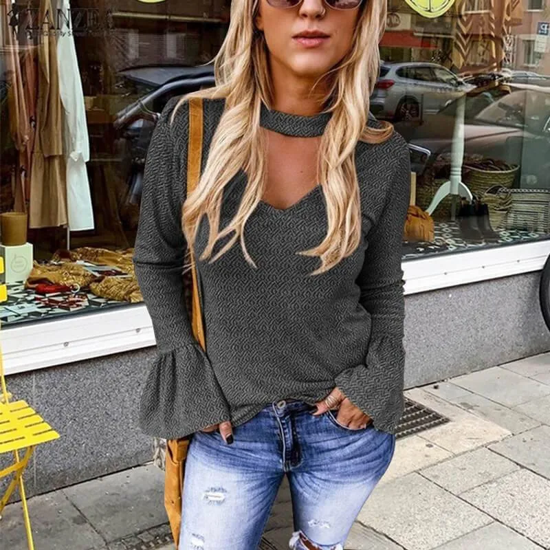Ruffle Deep V-neck Slim T-shirt