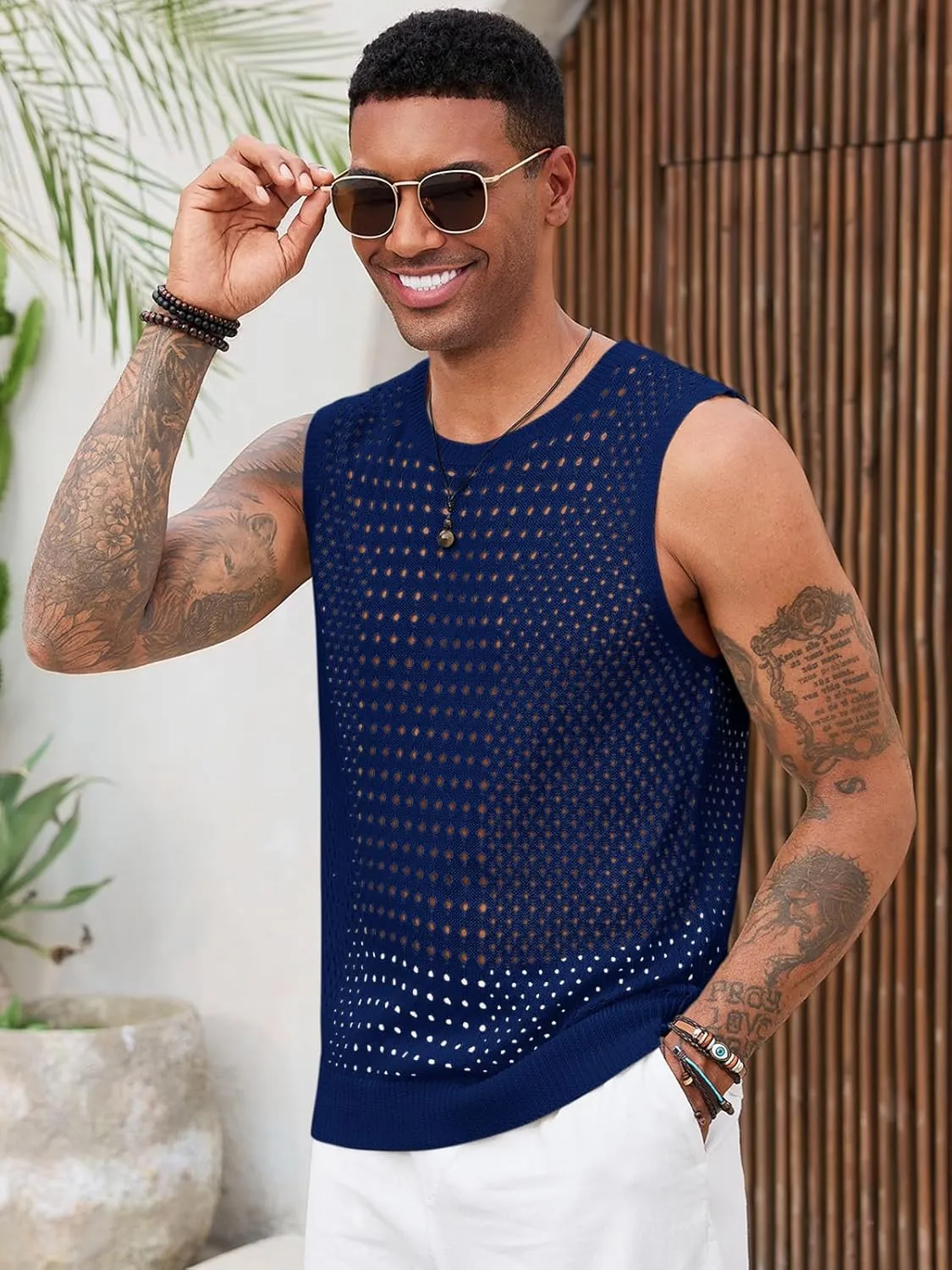 Runcati Mens Knit Sleeveless Tank Tops Casual Hollow Out T Shirts Beach Summer See Through Tops