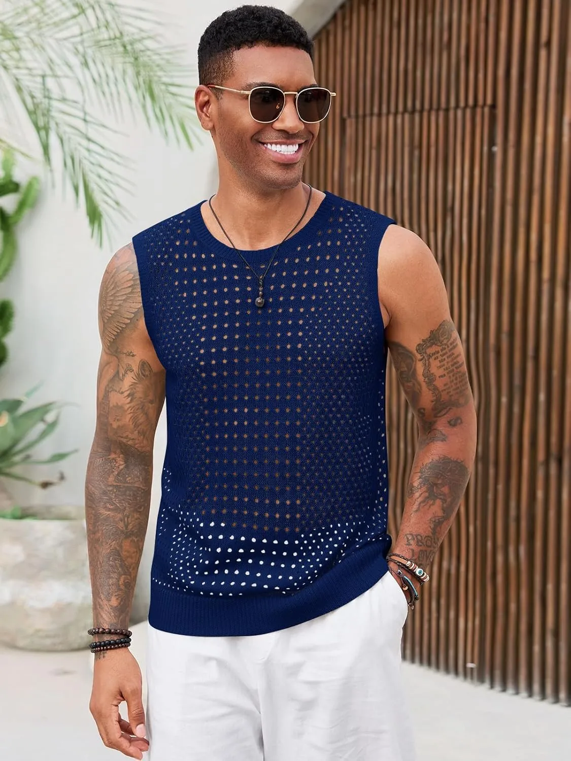 Runcati Mens Knit Sleeveless Tank Tops Casual Hollow Out T Shirts Beach Summer See Through Tops