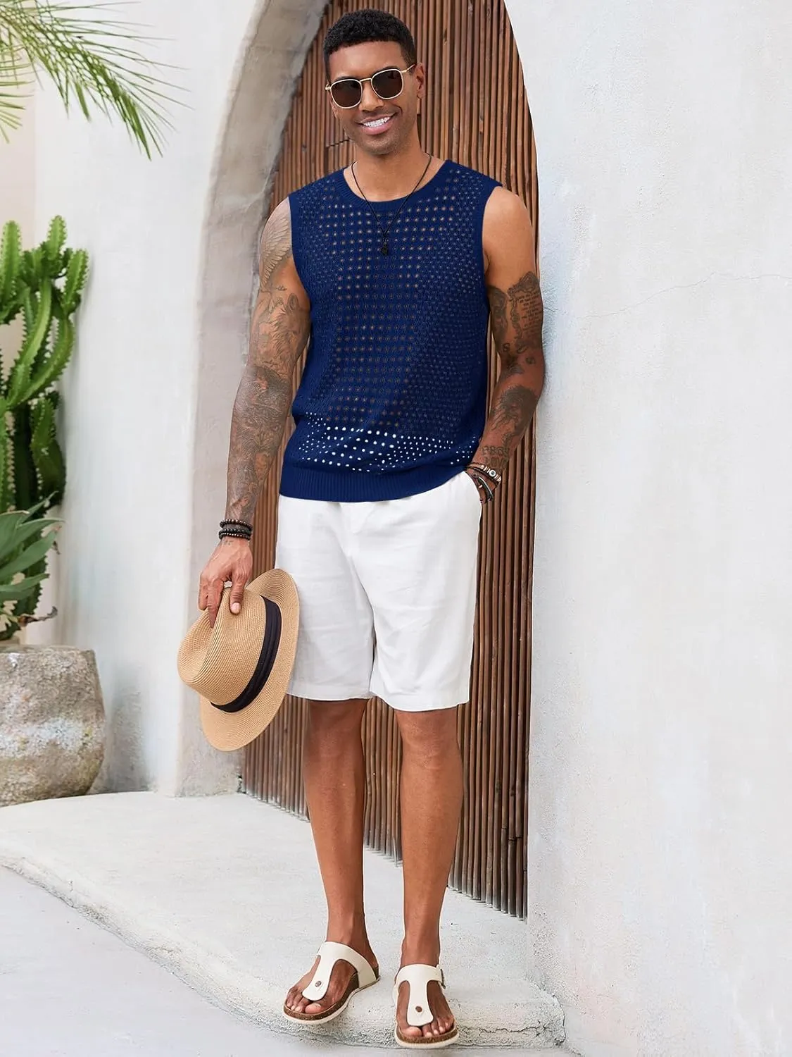 Runcati Mens Knit Sleeveless Tank Tops Casual Hollow Out T Shirts Beach Summer See Through Tops