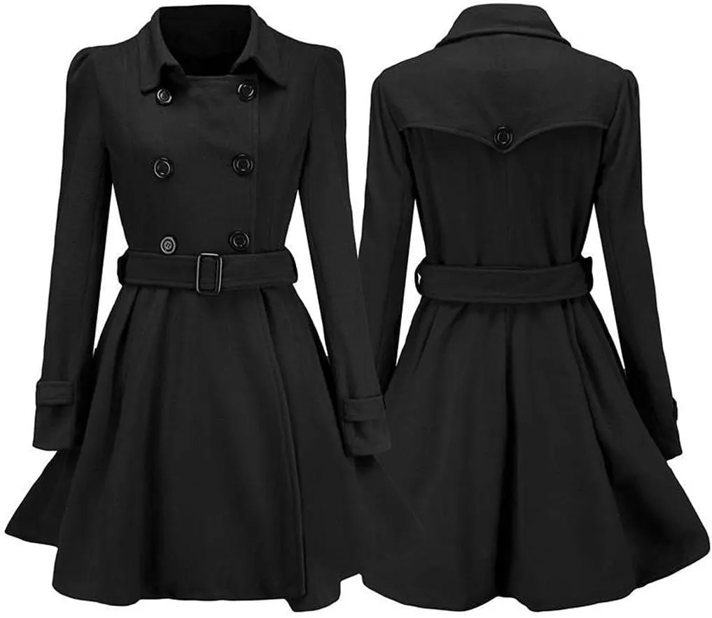 SACFOF Women Swing Double Breasted Wool Pea Coat with Belt Winter Buckle Long Sleeve Trench Jacket Lapel Dresses Outwear
