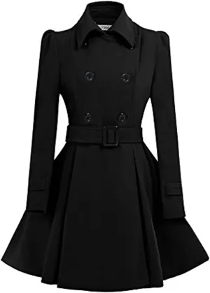 SACFOF Women Swing Double Breasted Wool Pea Coat with Belt Winter Buckle Long Sleeve Trench Jacket Lapel Dresses Outwear