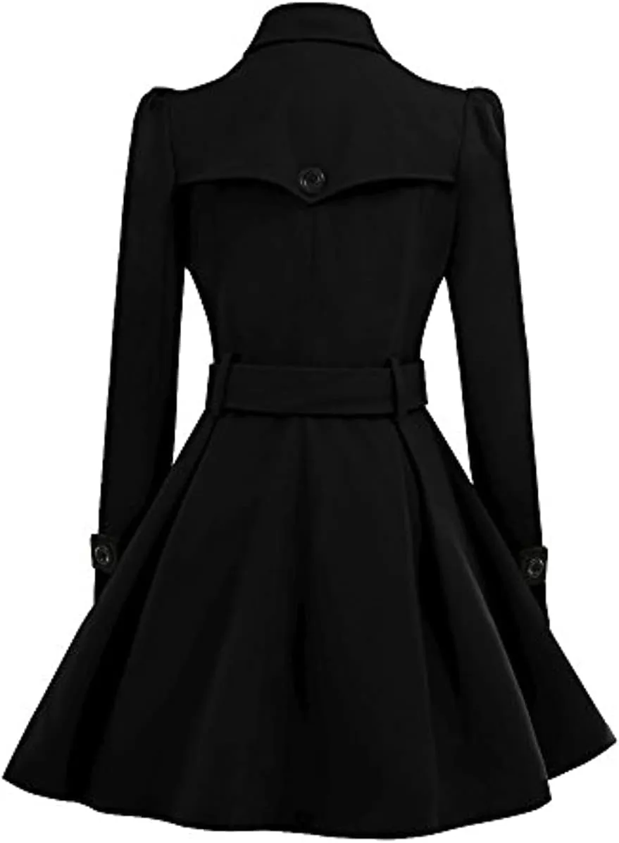 SACFOF Women Swing Double Breasted Wool Pea Coat with Belt Winter Buckle Long Sleeve Trench Jacket Lapel Dresses Outwear