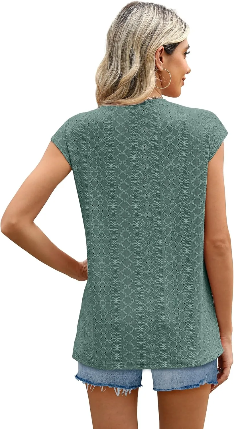 SAMPEEL Womens T Shirts Short Sleeve Pleated Dressy Casual Cap Sleeve Summer Tops Blouses
