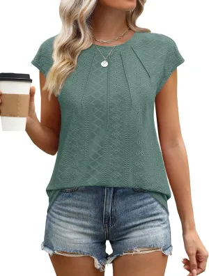 SAMPEEL Womens T Shirts Short Sleeve Pleated Dressy Casual Cap Sleeve Summer Tops Blouses