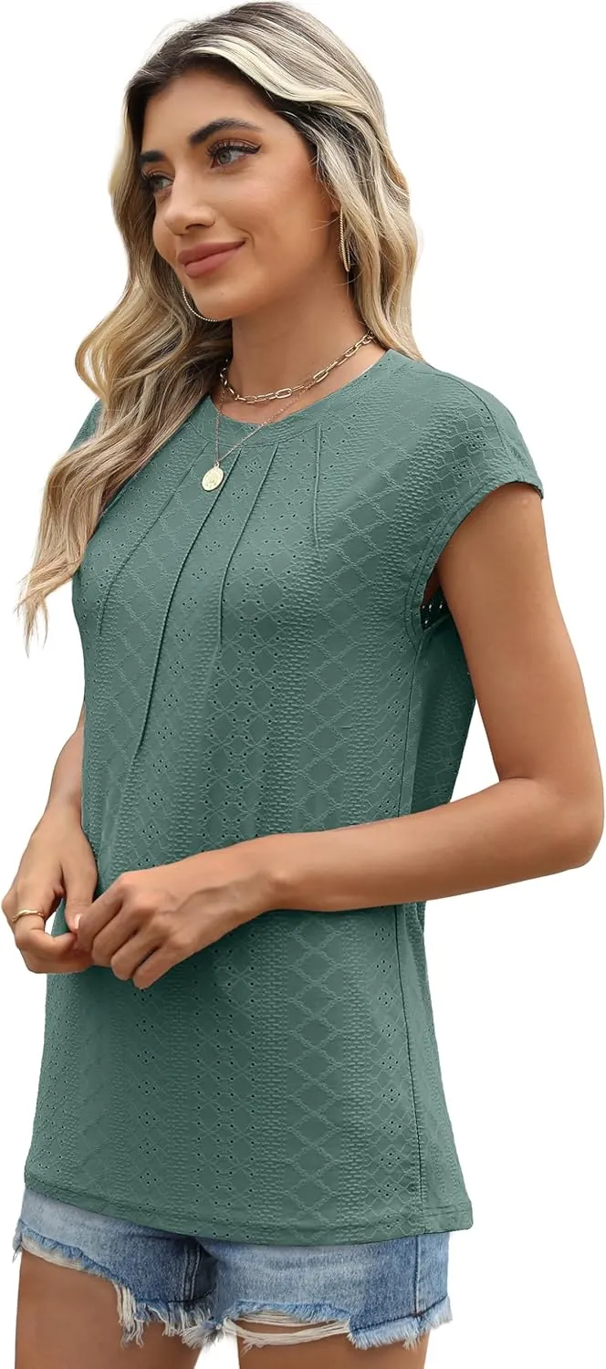 SAMPEEL Womens T Shirts Short Sleeve Pleated Dressy Casual Cap Sleeve Summer Tops Blouses