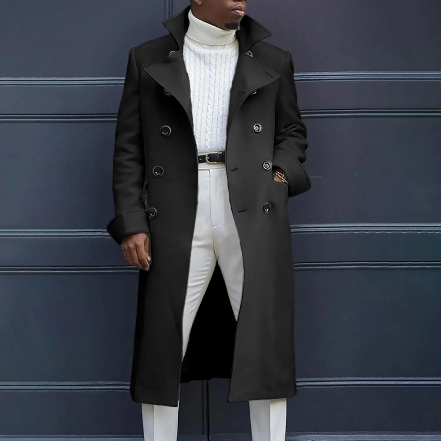 SAMST Mens Trench Coat Wool Blend Long Coat Double Breasted Pea Coat Casual Slim Fit Jacket Warm Winter Overcoat with Pocket