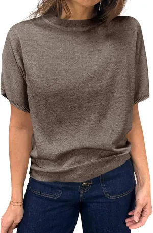 Saodimallsu Womens Short Sleeve Sweater Casual Basic Crew Neck Loose Knit Pullover Tops Summer Lightweight Blouses