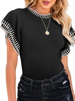Saodimallsu Womens Short Sleeve Sweaters Tops Summer Ruffle Striped Loose Crew Neck Lightweight Soft Shirts Knit Sweater