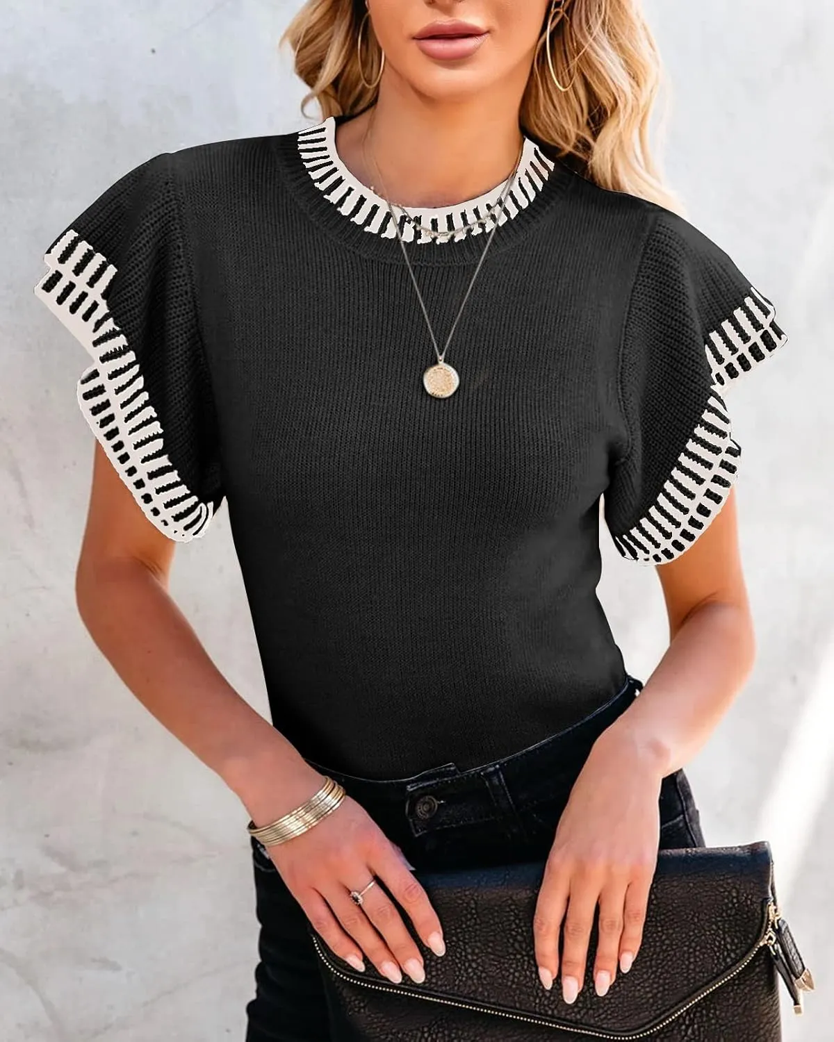 Saodimallsu Womens Short Sleeve Sweaters Tops Summer Ruffle Striped Loose Crew Neck Lightweight Soft Shirts Knit Sweater