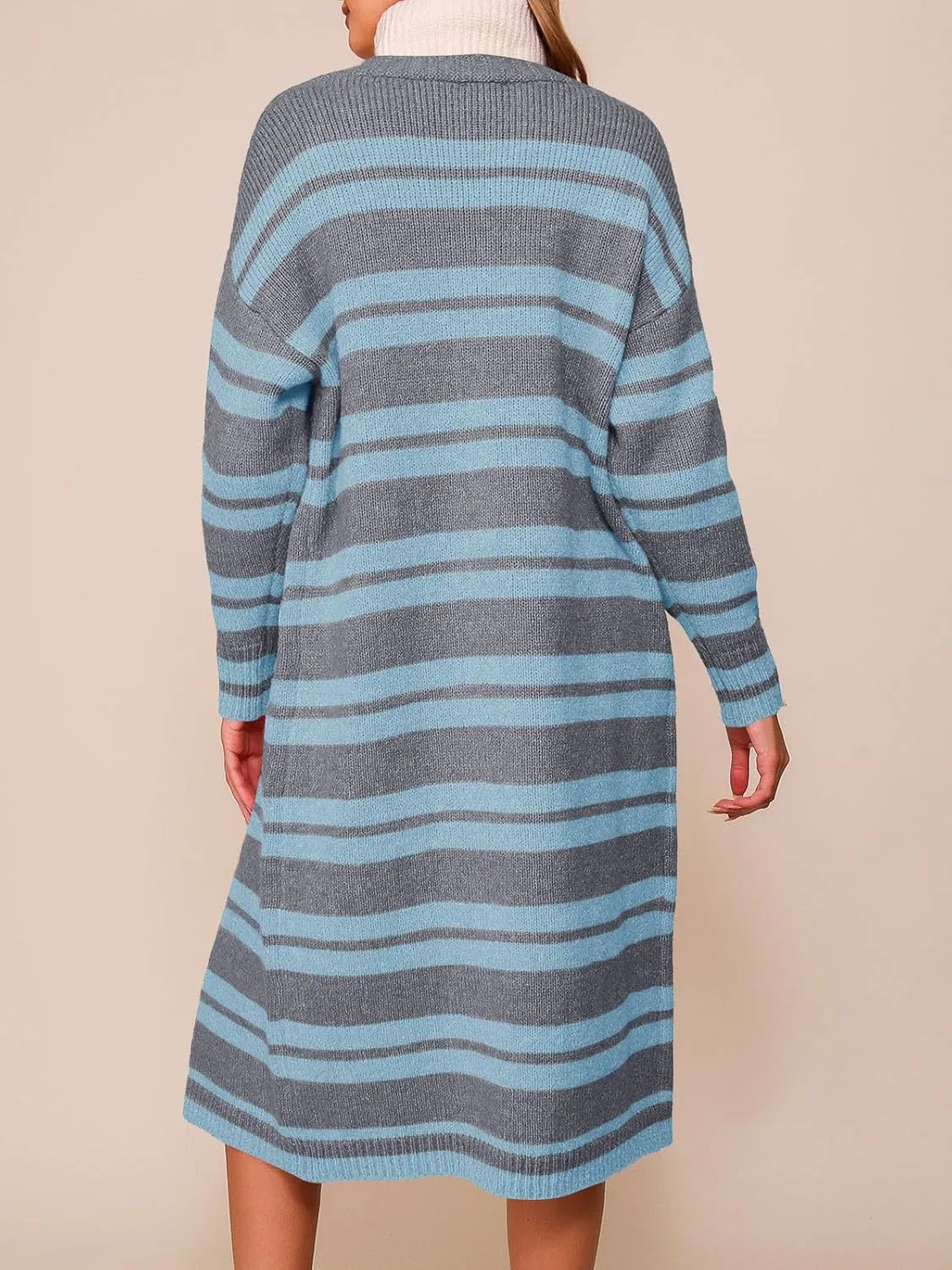 Saodimallsu Womens Striped Long Cardigans Open Front Color Block Long Sleeve Loose Knit Fall Duster Sweater Coat