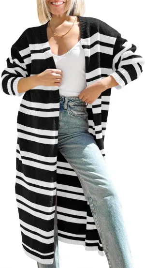 Saodimallsu Womens Striped Long Cardigans Open Front Color Block Long Sleeve Loose Knit Fall Duster Sweater Coat