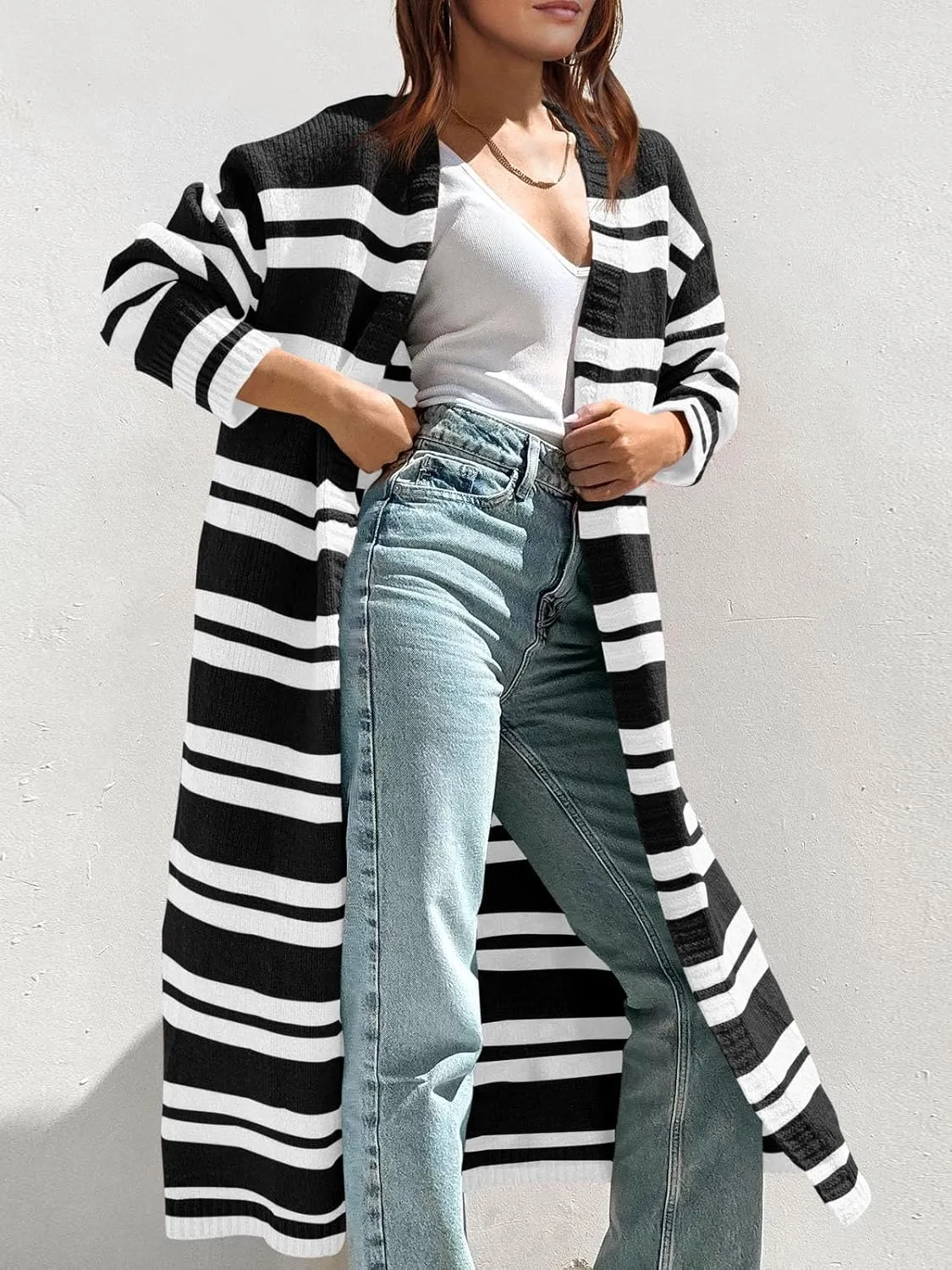 Saodimallsu Womens Striped Long Cardigans Open Front Color Block Long Sleeve Loose Knit Fall Duster Sweater Coat