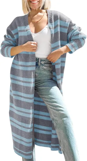 Saodimallsu Womens Striped Long Cardigans Open Front Color Block Long Sleeve Loose Knit Fall Duster Sweater Coat
