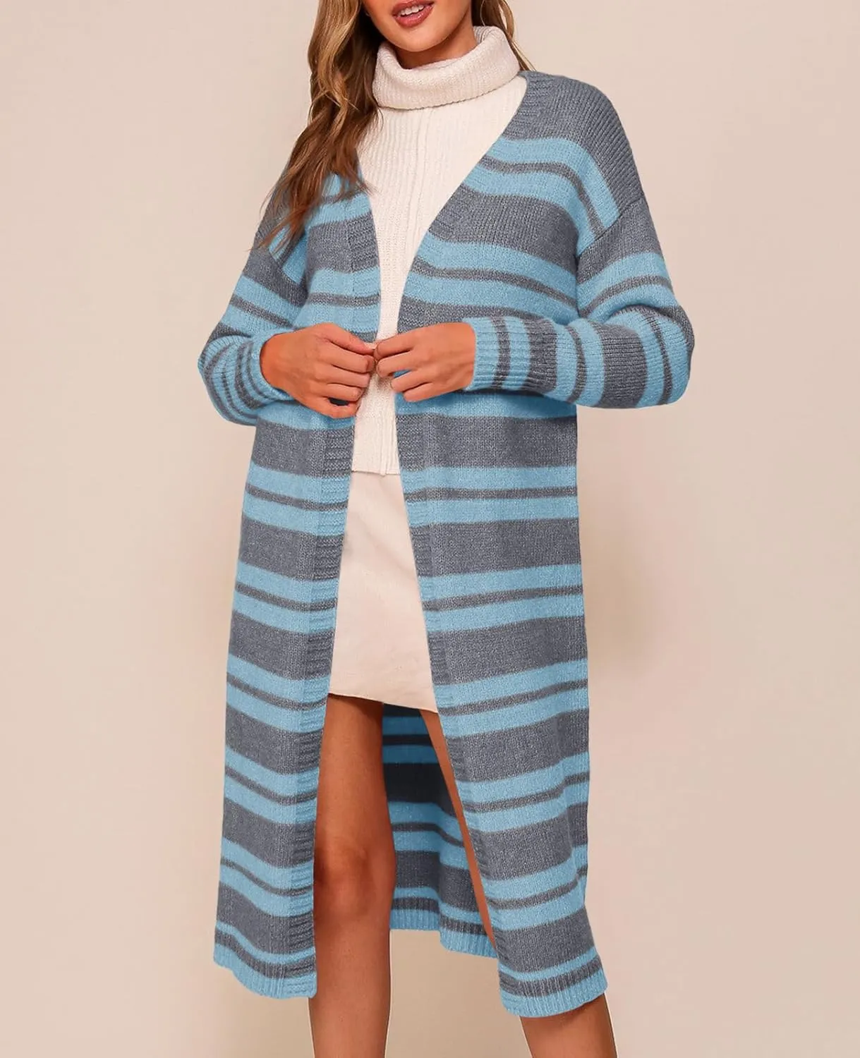 Saodimallsu Womens Striped Long Cardigans Open Front Color Block Long Sleeve Loose Knit Fall Duster Sweater Coat