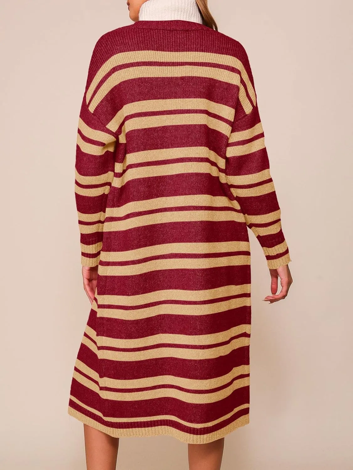 Saodimallsu Womens Striped Long Cardigans Open Front Color Block Long Sleeve Loose Knit Fall Duster Sweater Coat