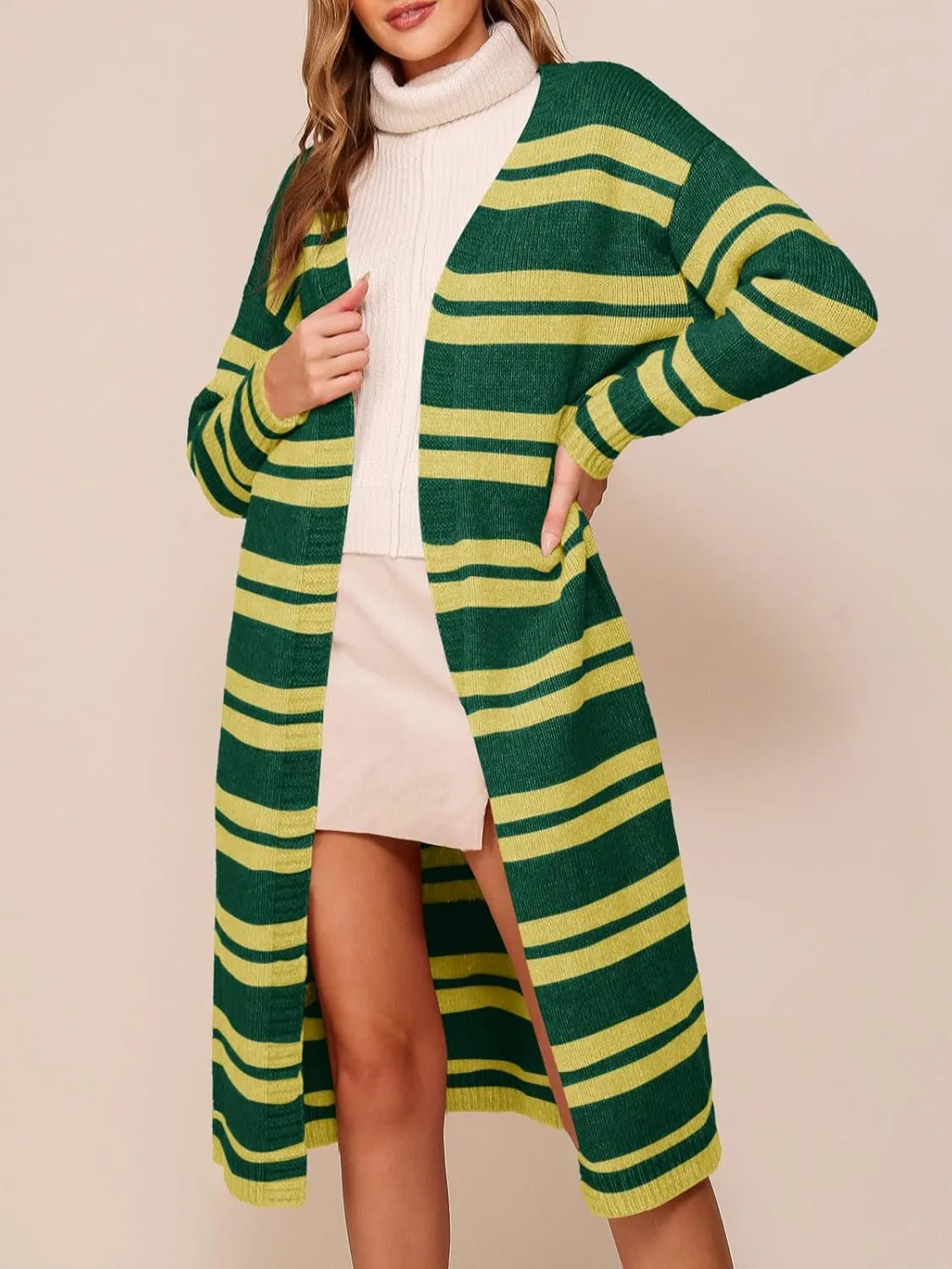 Saodimallsu Womens Striped Long Cardigans Open Front Color Block Long Sleeve Loose Knit Fall Duster Sweater Coat