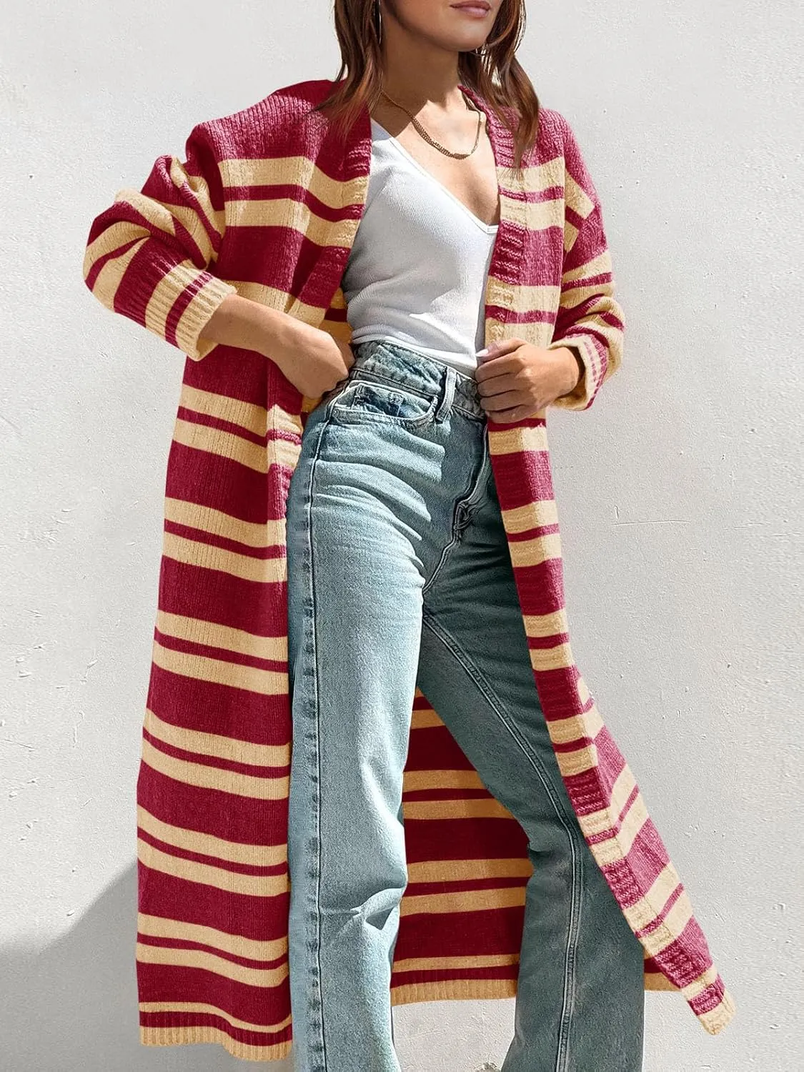 Saodimallsu Womens Striped Long Cardigans Open Front Color Block Long Sleeve Loose Knit Fall Duster Sweater Coat