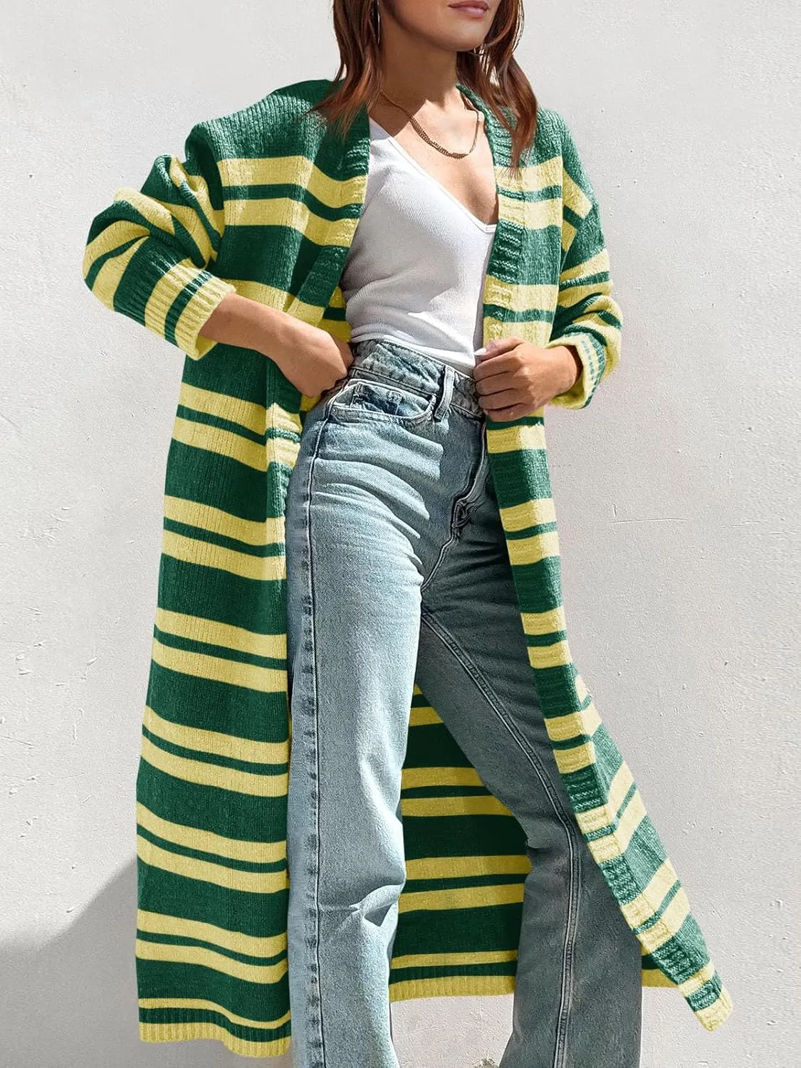 Saodimallsu Womens Striped Long Cardigans Open Front Color Block Long Sleeve Loose Knit Fall Duster Sweater Coat