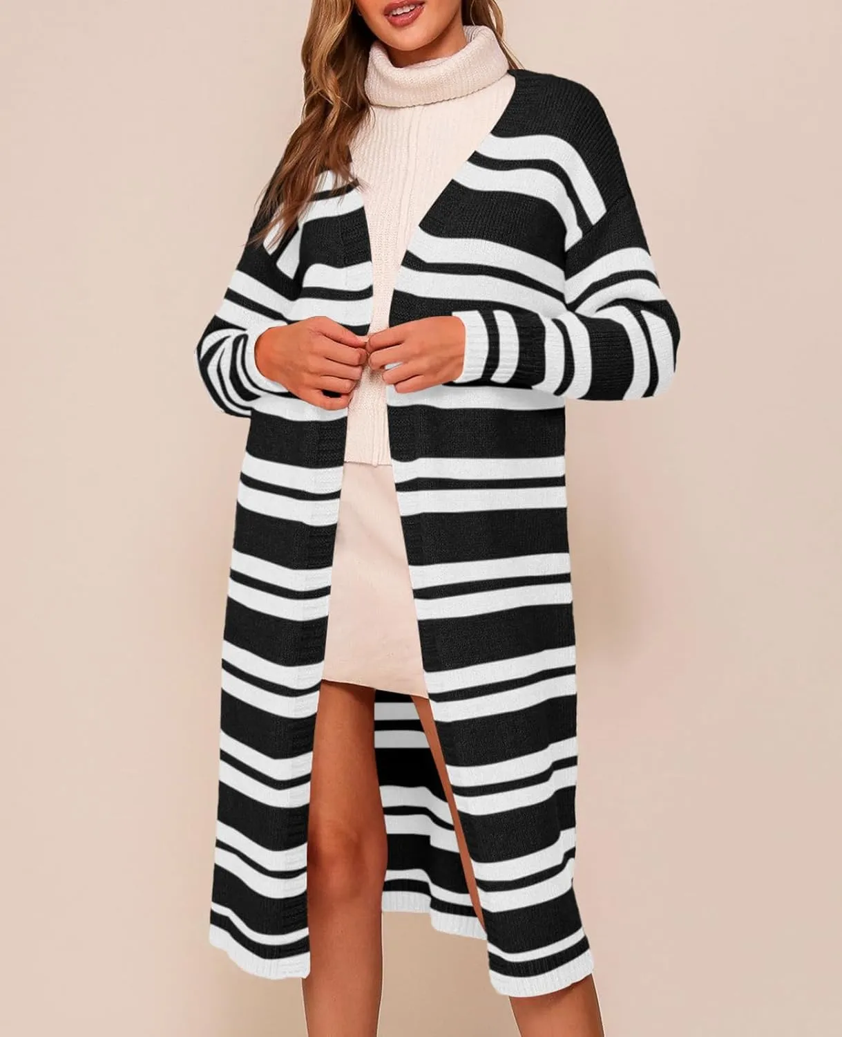 Saodimallsu Womens Striped Long Cardigans Open Front Color Block Long Sleeve Loose Knit Fall Duster Sweater Coat