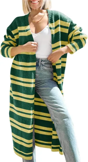 Saodimallsu Womens Striped Long Cardigans Open Front Color Block Long Sleeve Loose Knit Fall Duster Sweater Coat