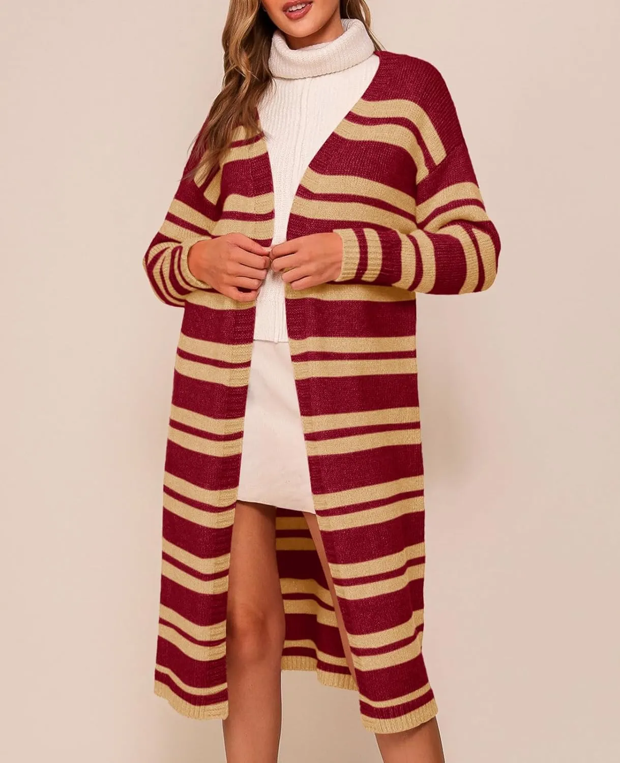 Saodimallsu Womens Striped Long Cardigans Open Front Color Block Long Sleeve Loose Knit Fall Duster Sweater Coat