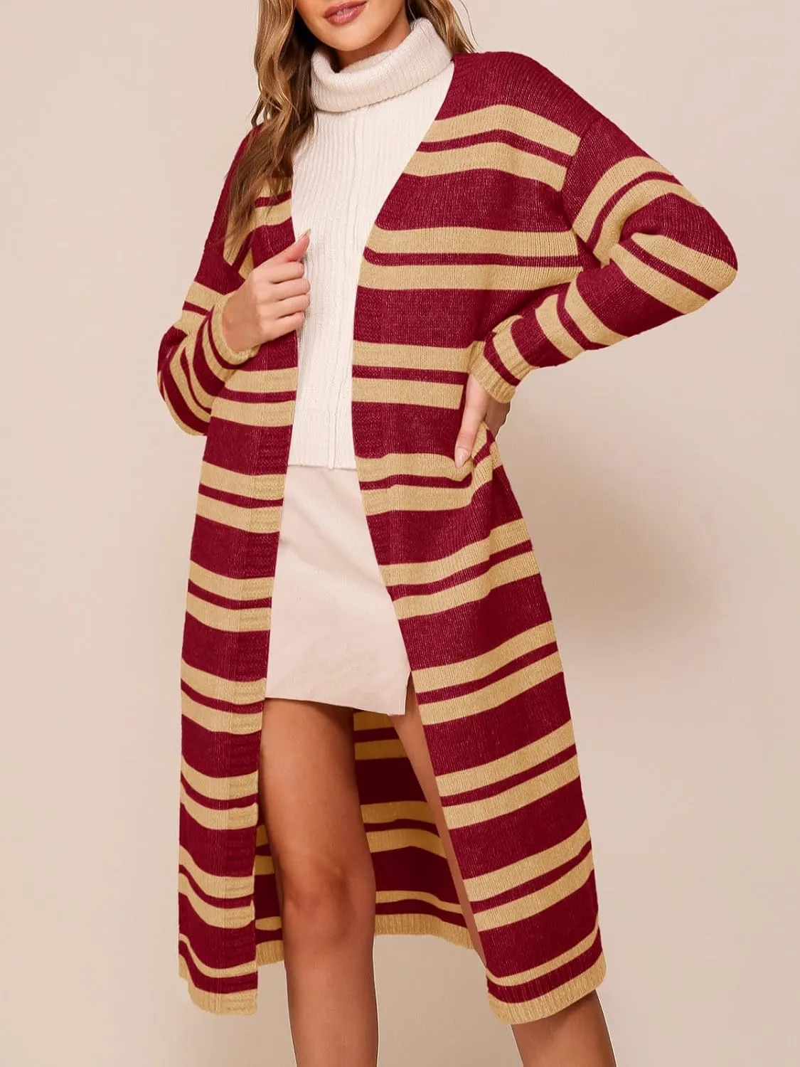 Saodimallsu Womens Striped Long Cardigans Open Front Color Block Long Sleeve Loose Knit Fall Duster Sweater Coat