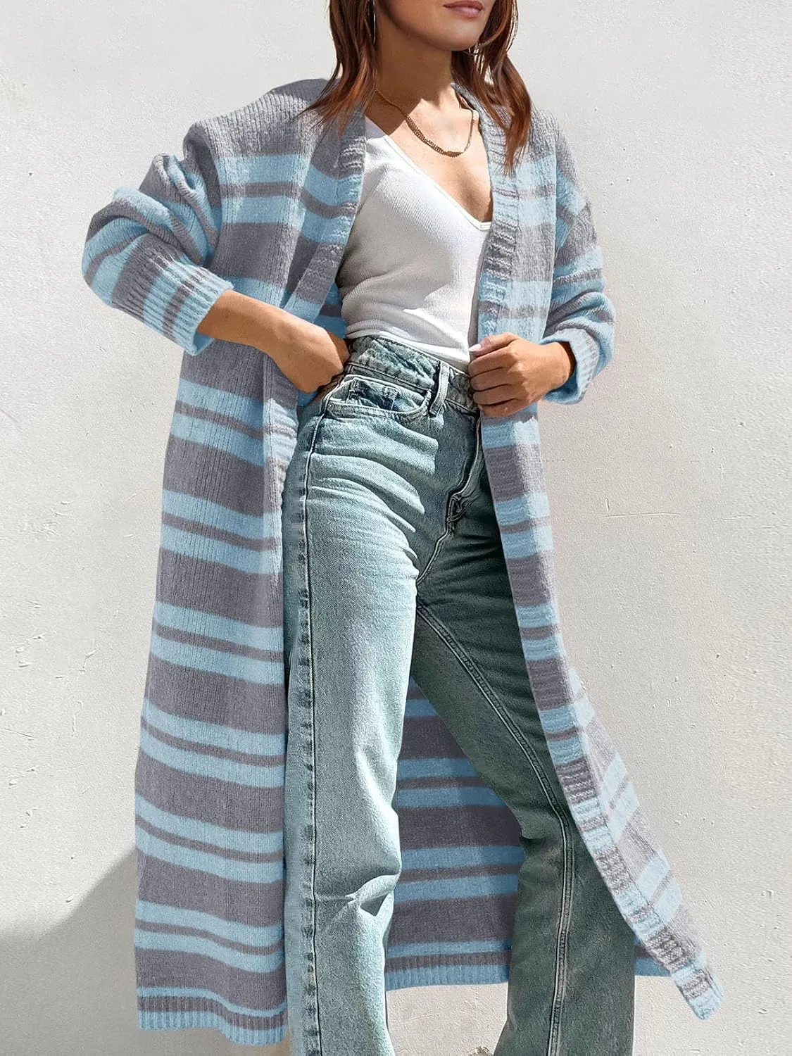 Saodimallsu Womens Striped Long Cardigans Open Front Color Block Long Sleeve Loose Knit Fall Duster Sweater Coat