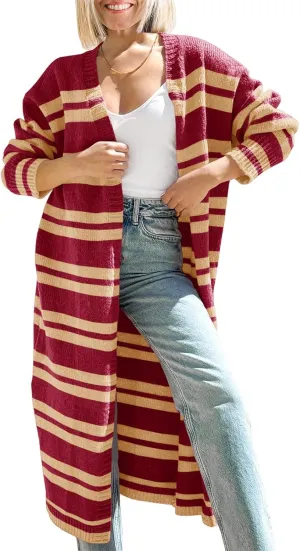Saodimallsu Womens Striped Long Cardigans Open Front Color Block Long Sleeve Loose Knit Fall Duster Sweater Coat