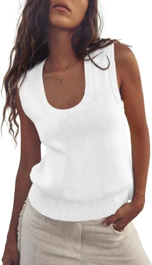 Saodimallsu Womens Summer Sweater Vest Sleeveless Ribbed Knit Tank Tops Going Out Casual Basic Scoop Neck Tshirt