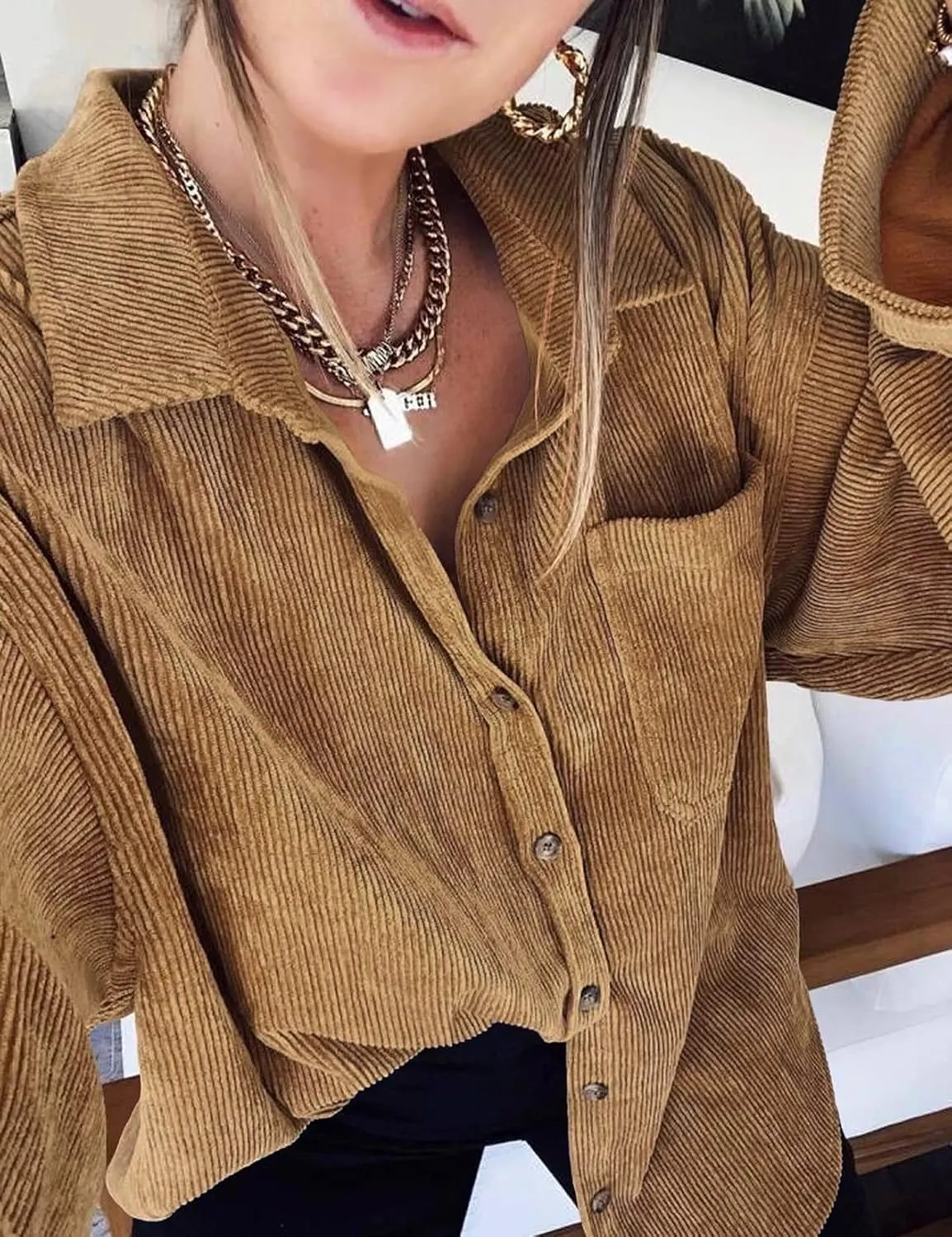 Saslax Womens Corduroy Shirt Long Sleeve Oversized Button Up V Neck Blouses Tops Loose Shacket Jacket