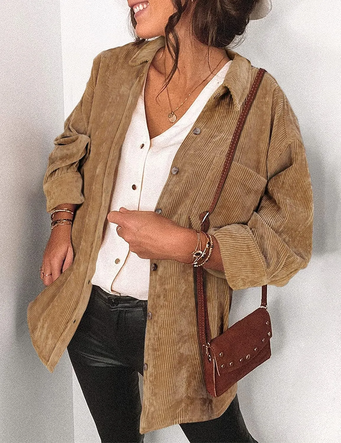 Saslax Womens Corduroy Shirt Long Sleeve Oversized Button Up V Neck Blouses Tops Loose Shacket Jacket