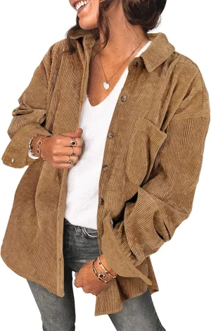 Saslax Womens Corduroy Shirt Long Sleeve Oversized Button Up V Neck Blouses Tops Loose Shacket Jacket