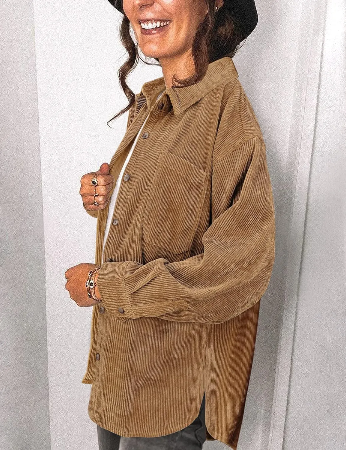 Saslax Womens Corduroy Shirt Long Sleeve Oversized Button Up V Neck Blouses Tops Loose Shacket Jacket