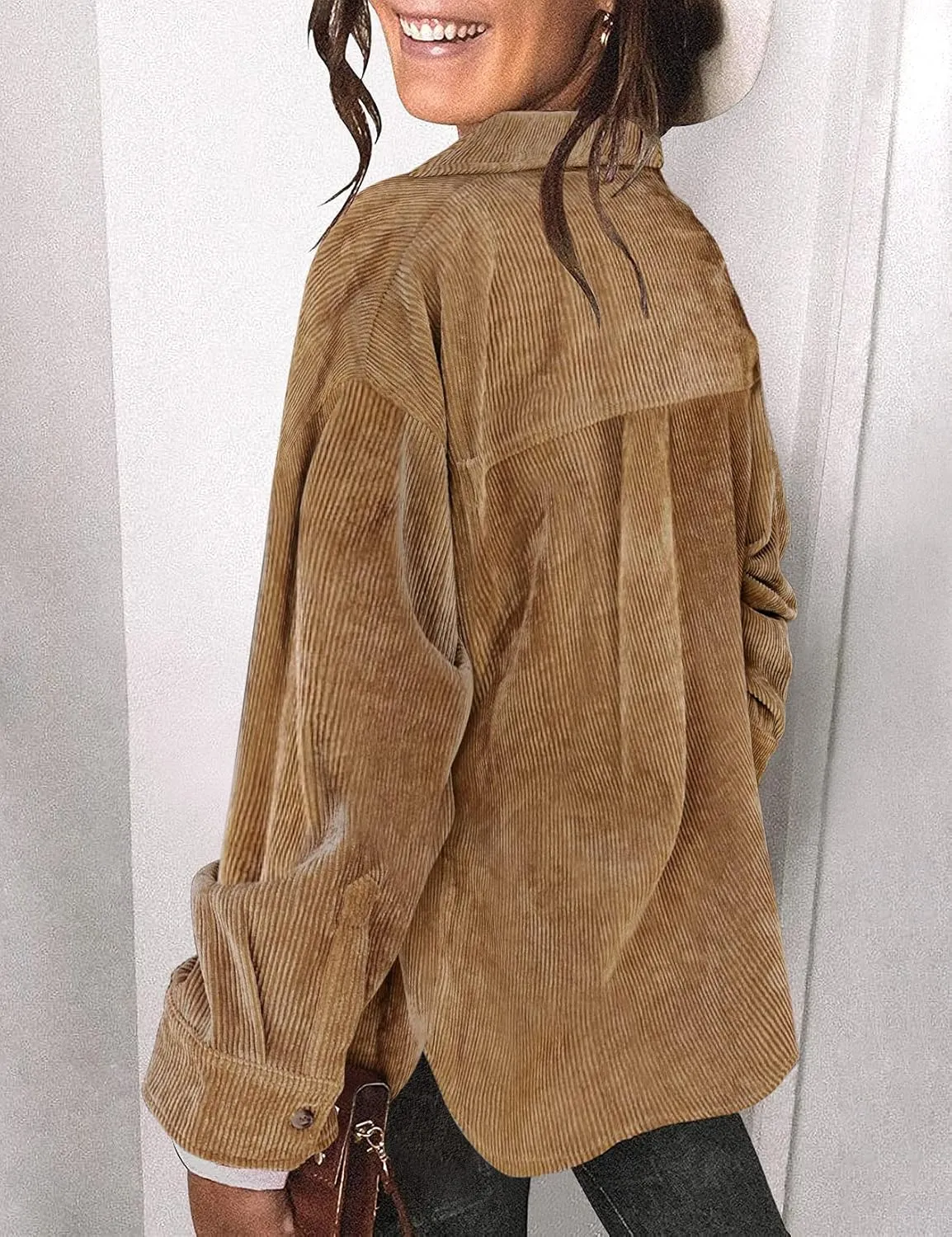Saslax Womens Corduroy Shirt Long Sleeve Oversized Button Up V Neck Blouses Tops Loose Shacket Jacket