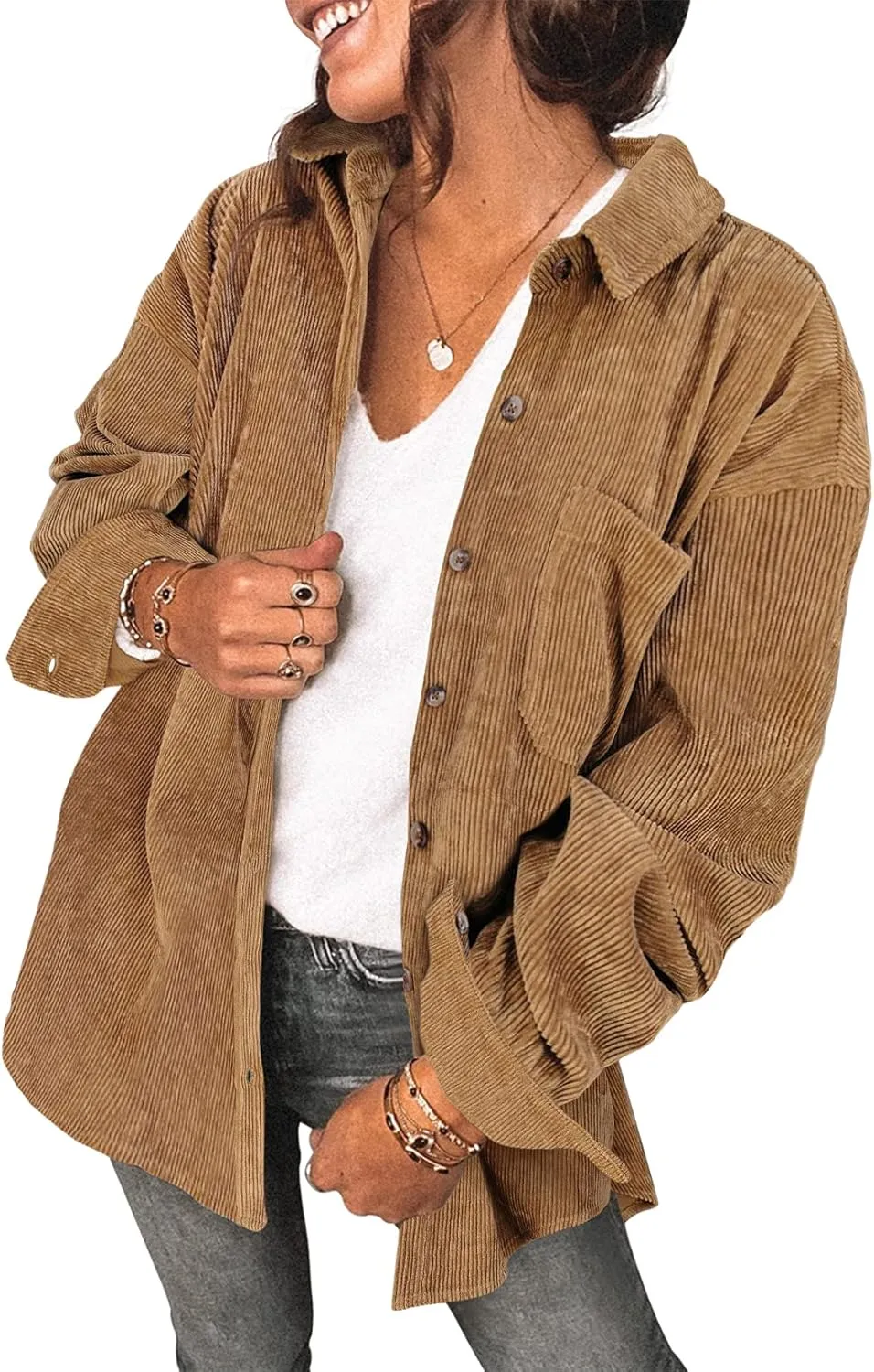 Saslax Womens Corduroy Shirt Long Sleeve Oversized Button Up V Neck Blouses Tops Loose Shacket Jacket