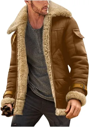 Shearling Coat Men Warm Fleece Lined Coat Aviator Shearling Sheepskin Leather Winter Jacket Lapel Work Cargo Jackets
